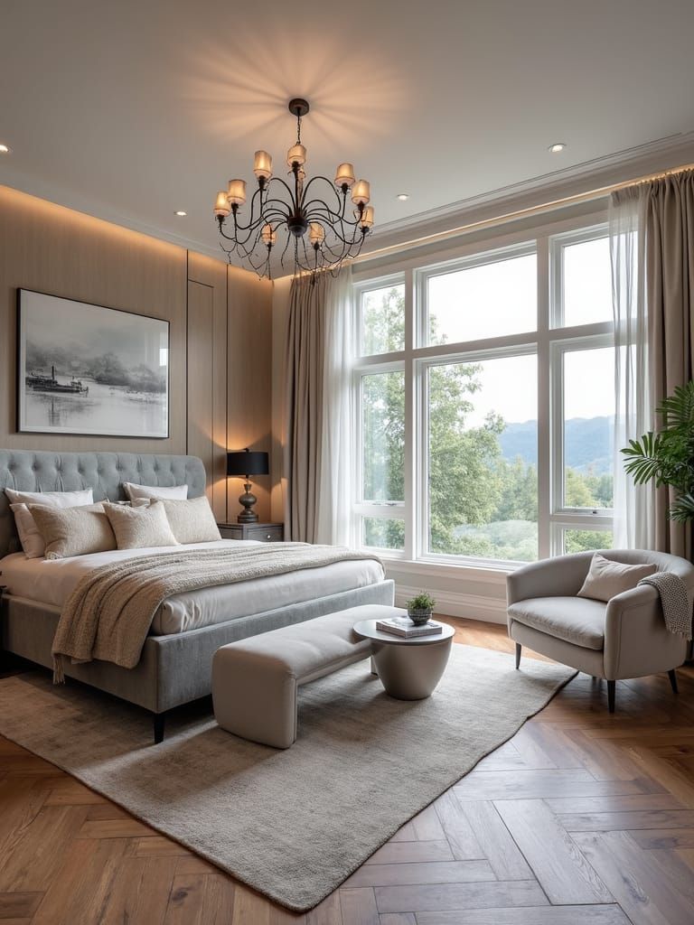 Modern Bedroom Interior with Plush Gray Bed
