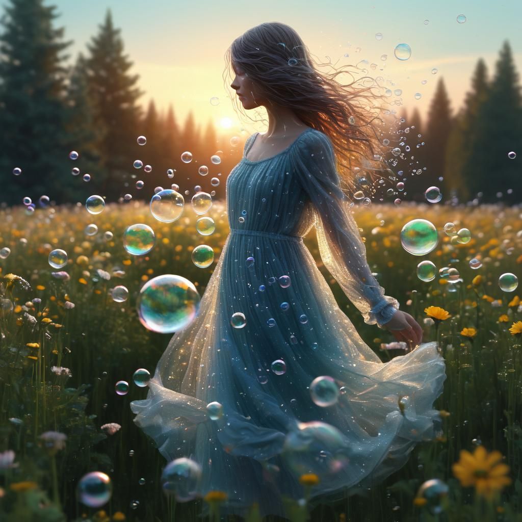 Water Woman in Flower Field at Sunset