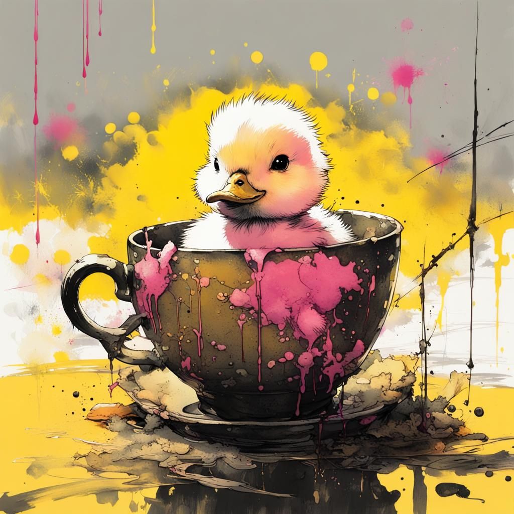 Duckling in Teacup with Ink Drip Sky