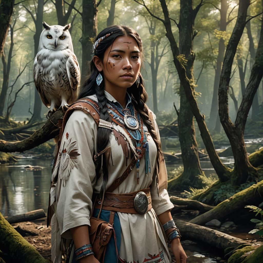 Native American Teen Girl with Owl in Forest
