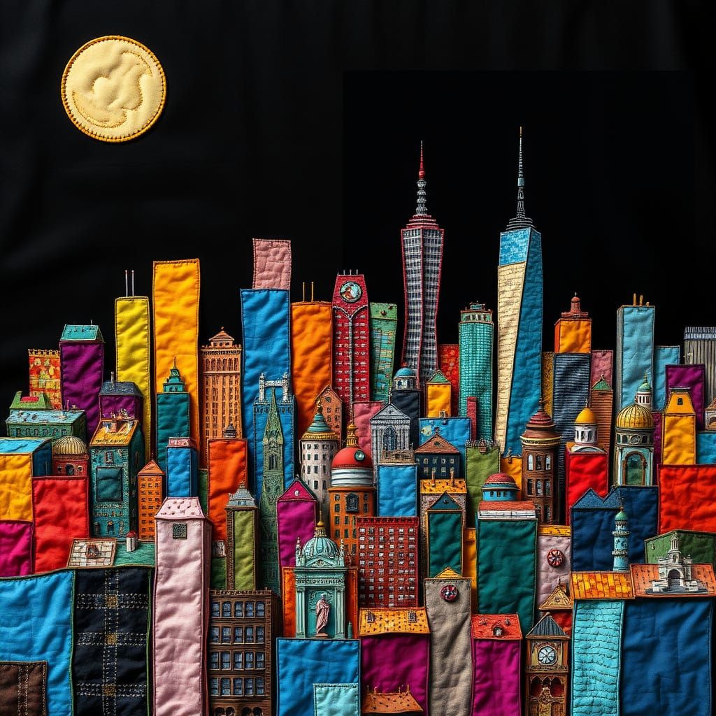 Vibrant Cityscape in Quilted Textures