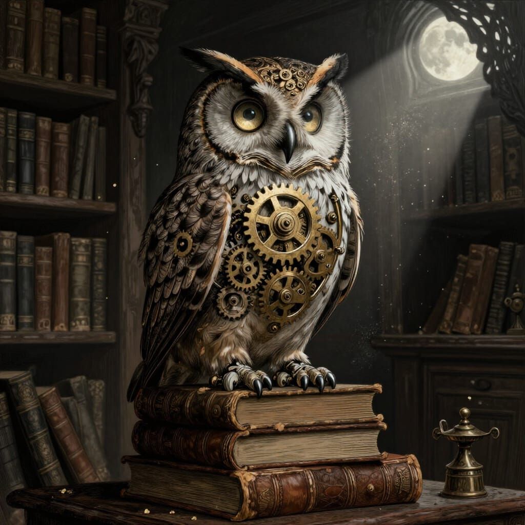 Clockwork Owl on Tomes in Dim Library