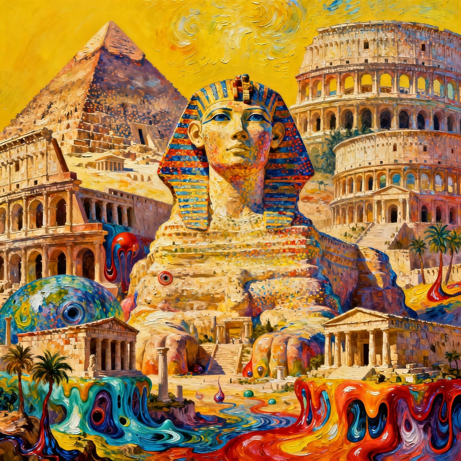 Seven Ancient Wonders in a Vibrant 3D Game Cinematic Collage
