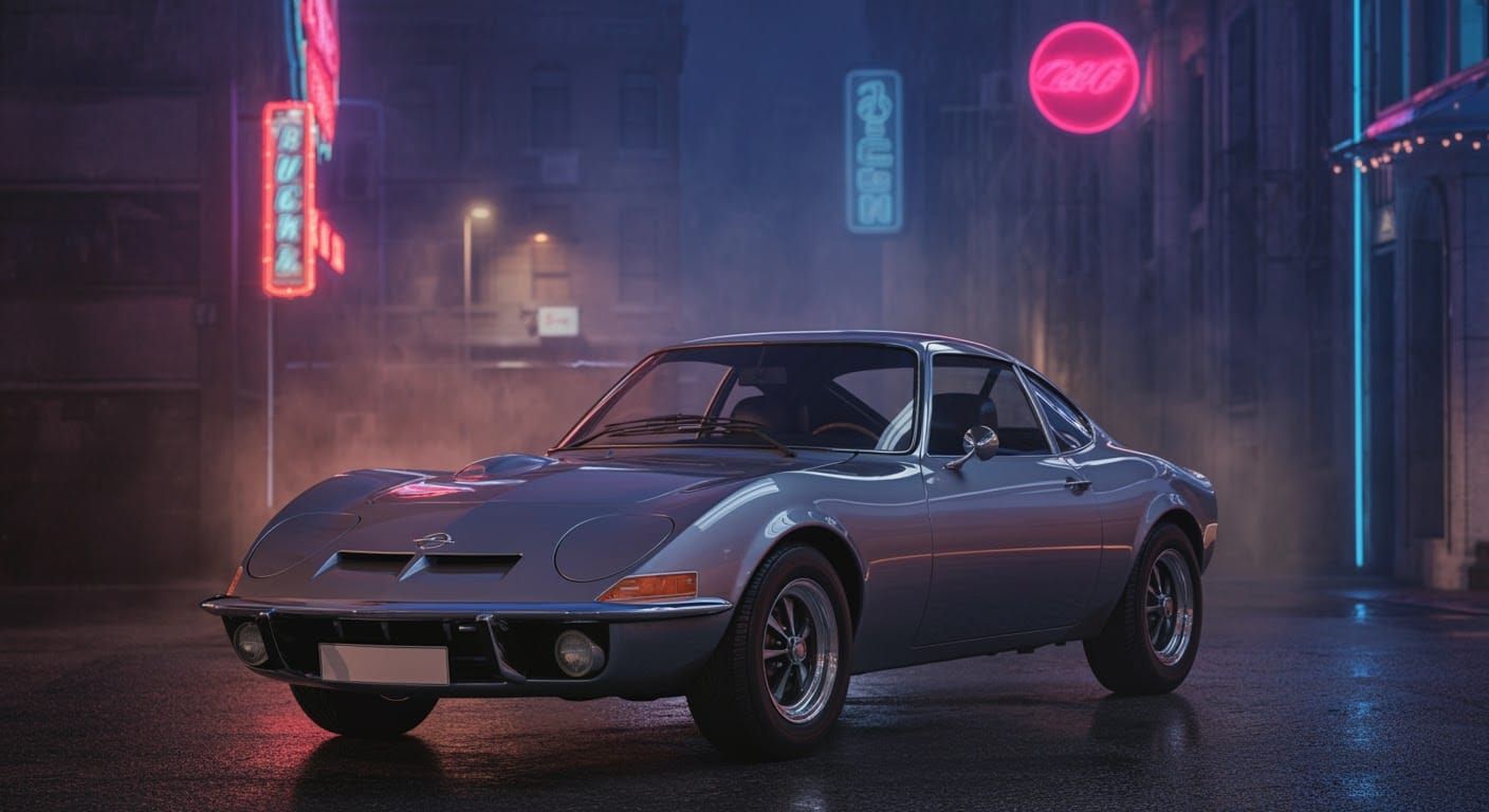 Opel GT in Misty Cityscape: Hyperrealistic Style