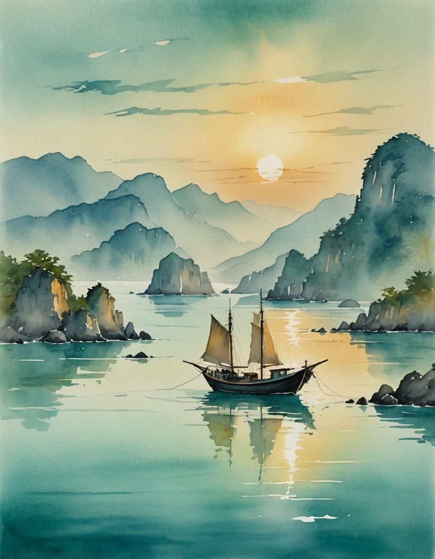 Asian Fishing Boat on Turquoise Waters in Watercolor