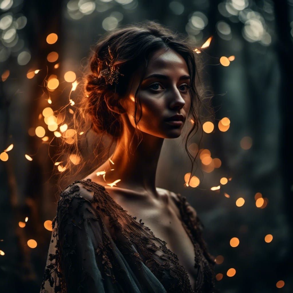 Eerie Beauty in Firelit Forest at Night
