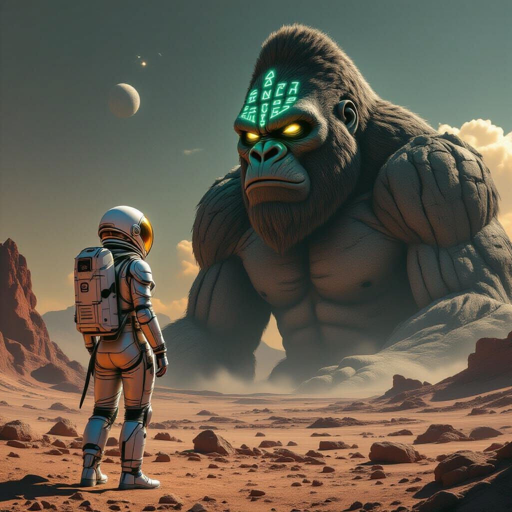 Astronaut and Stone Gorilla on Alien Planet