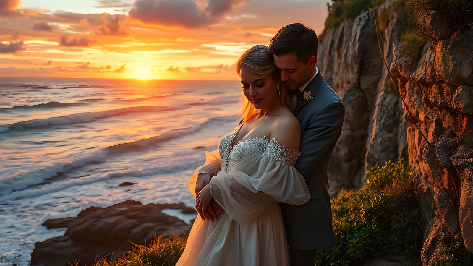 Romantic Cliffside Embrace at Sunset