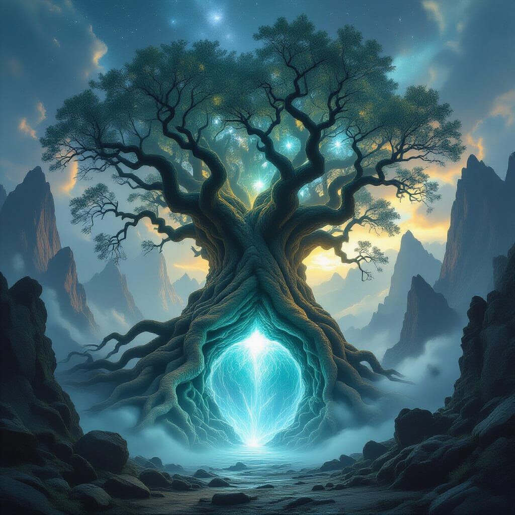 Ancient Tree Portal Rises in Misty Mountains