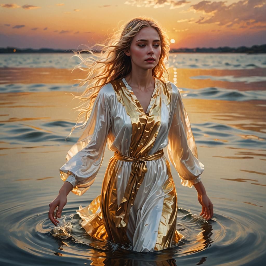 Ethereal Girl on Water at Sunset in Oil Painting Style