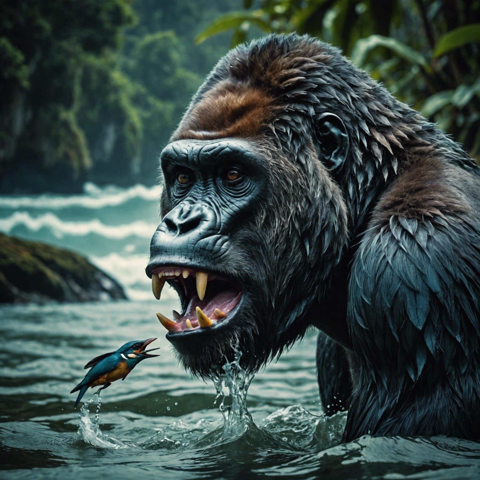 Surreal Gorilla with Kingfisher in Jungle Ocean