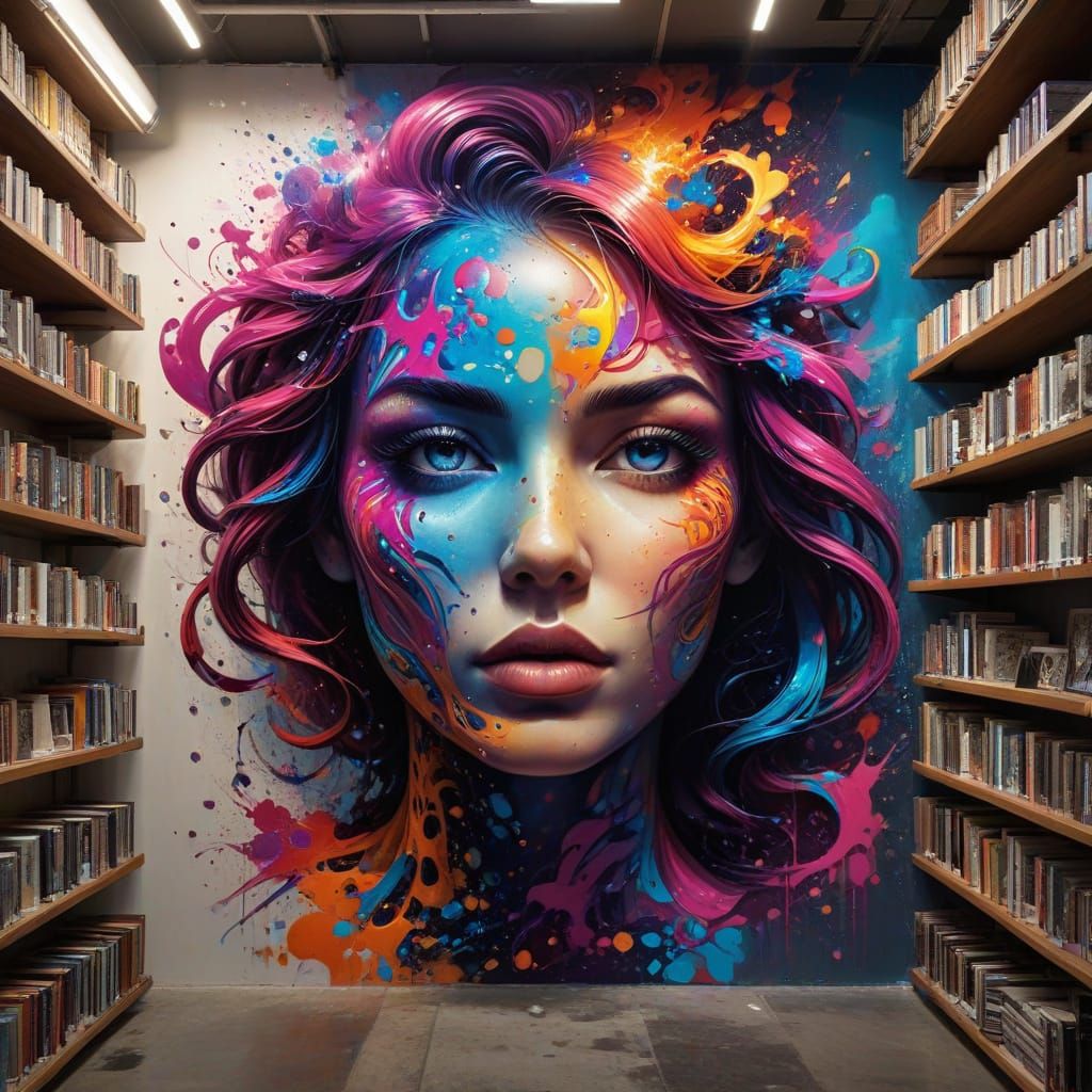 Luminous Library of the Future with Glowing Shelves and Digi...