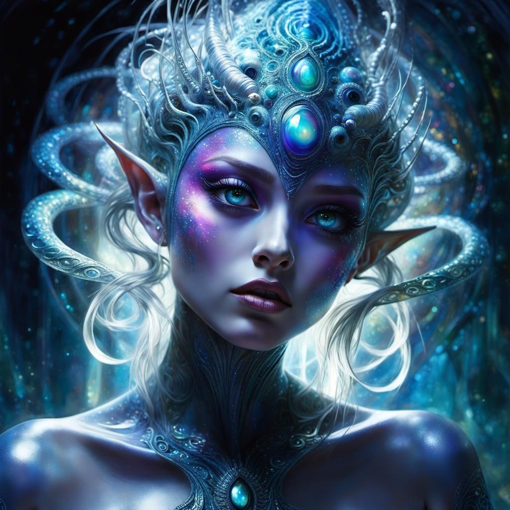 Creepy Alien Portrait with Iridescent Eyes