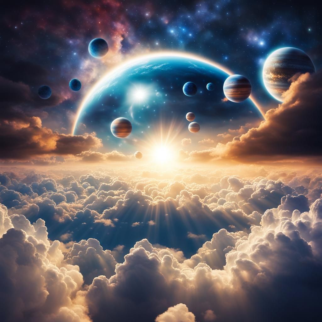 Alien Night Sky with Crystal Planets and Sunshine