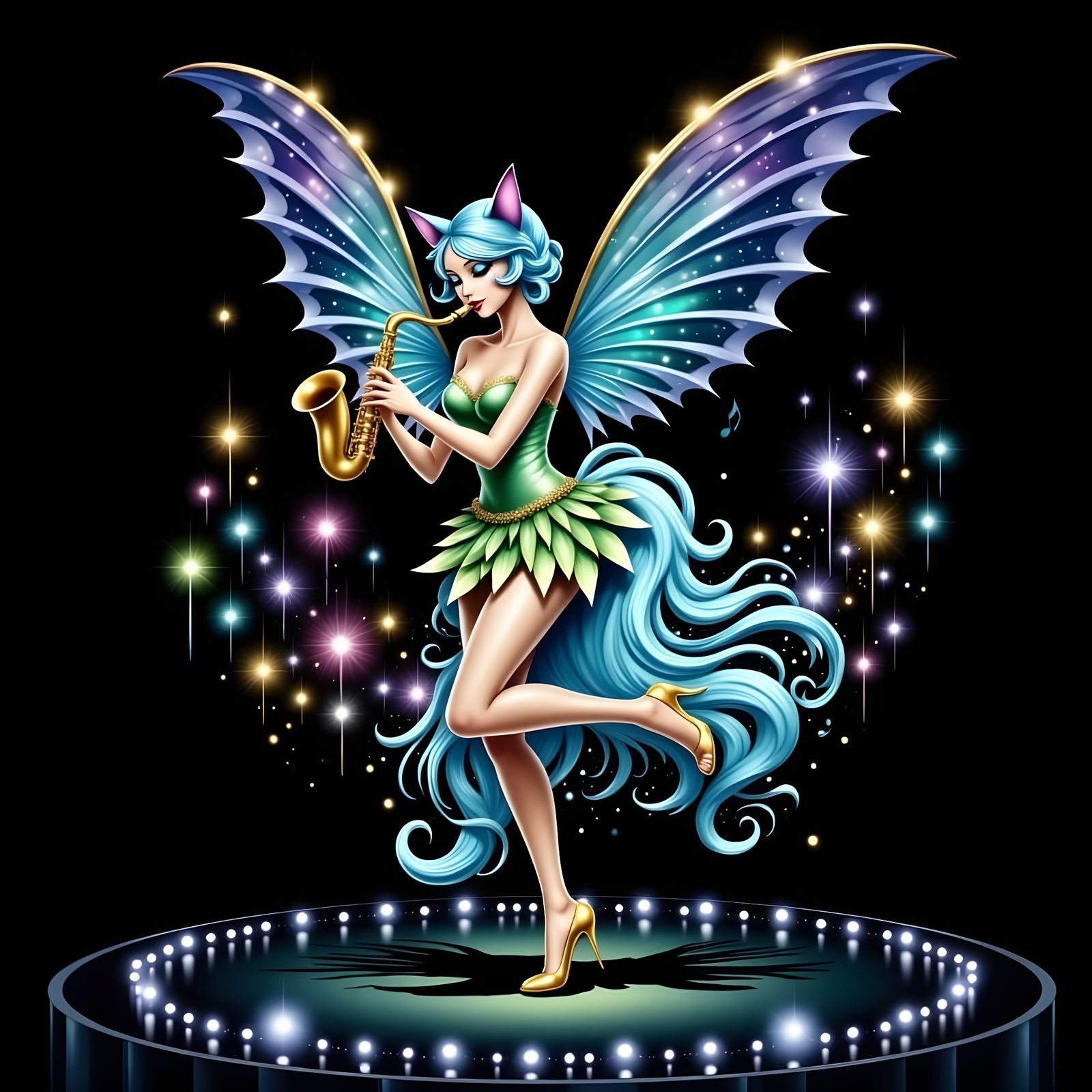 Cat Fairy Plays Saxophone in Enchanting Jazz Club