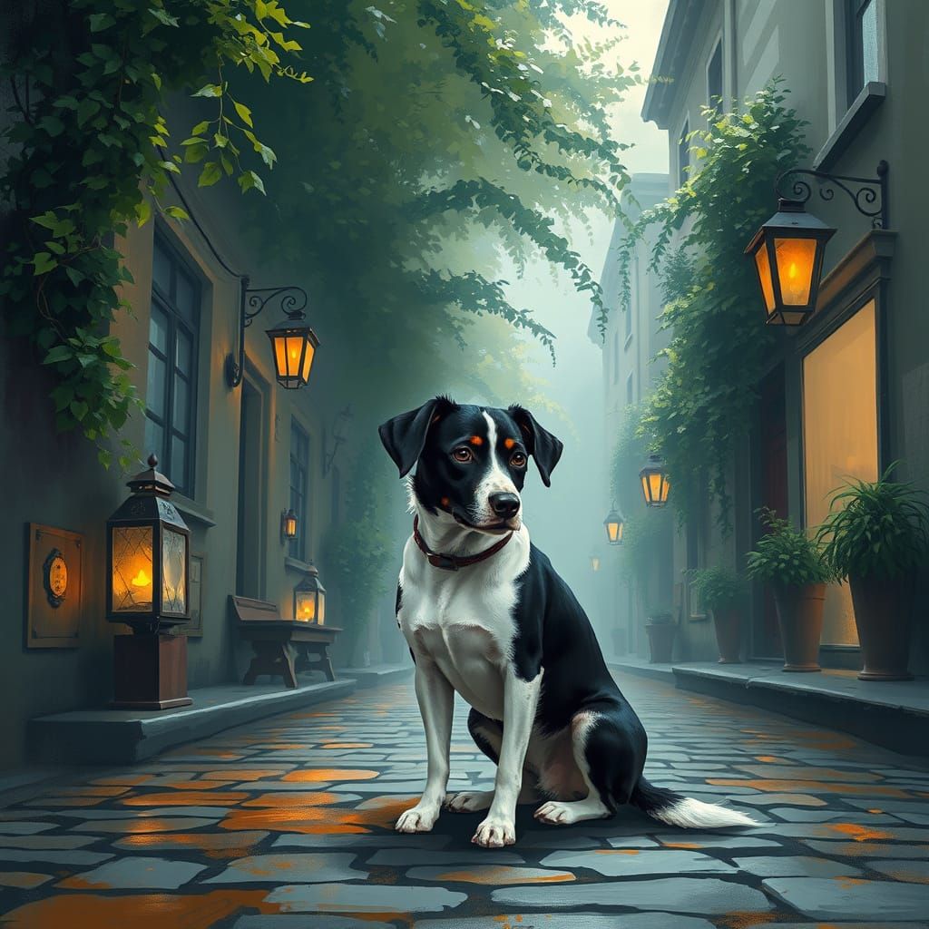 Timeless Black and White Dog in Dreamy Street Scene