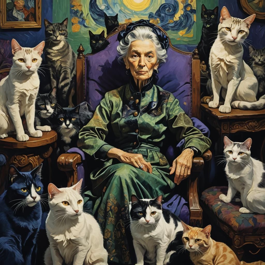 Surreal Scene of Woman and Cats as Oil Painting