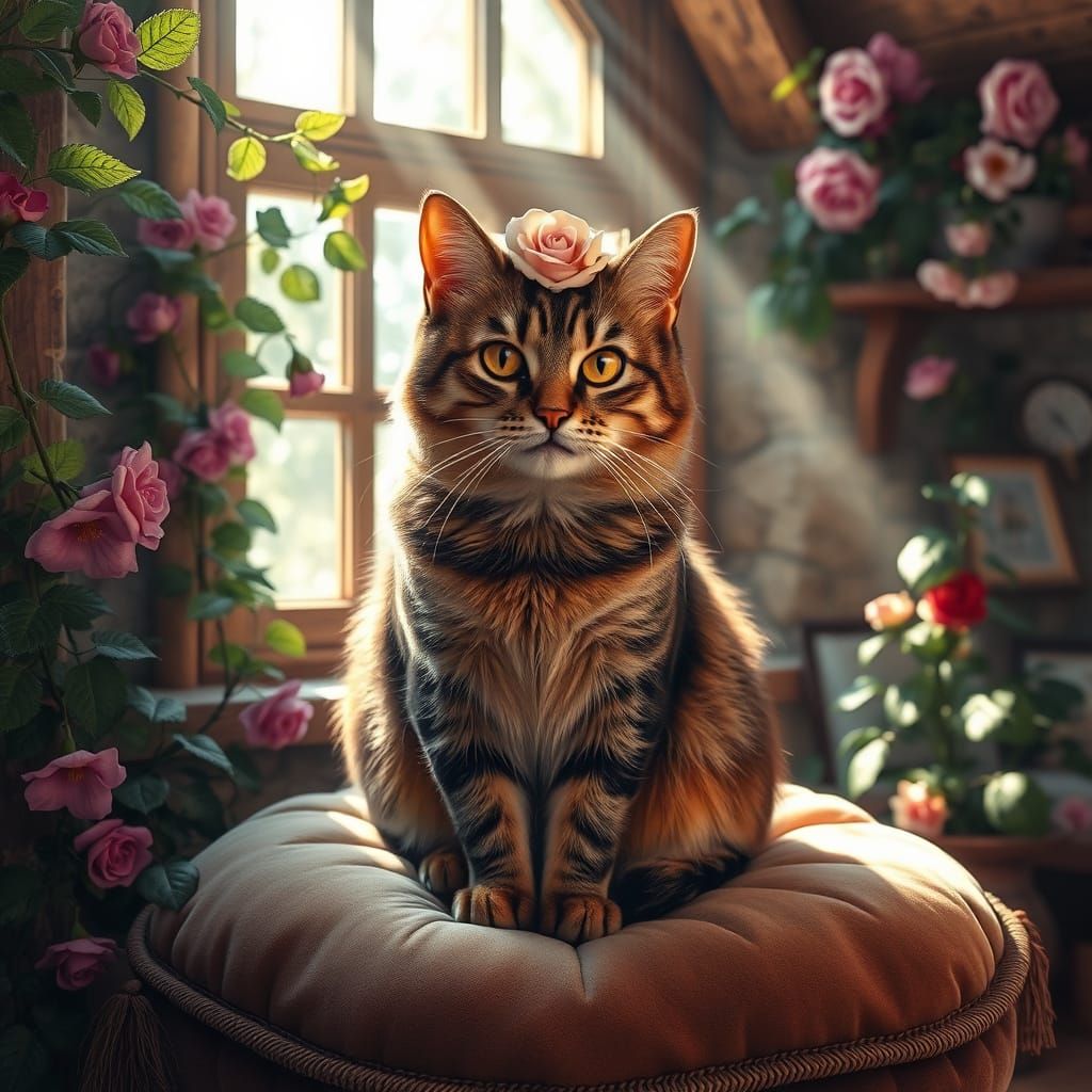 Regal Brown Tabby Cat in Whimsical Cottage Scene