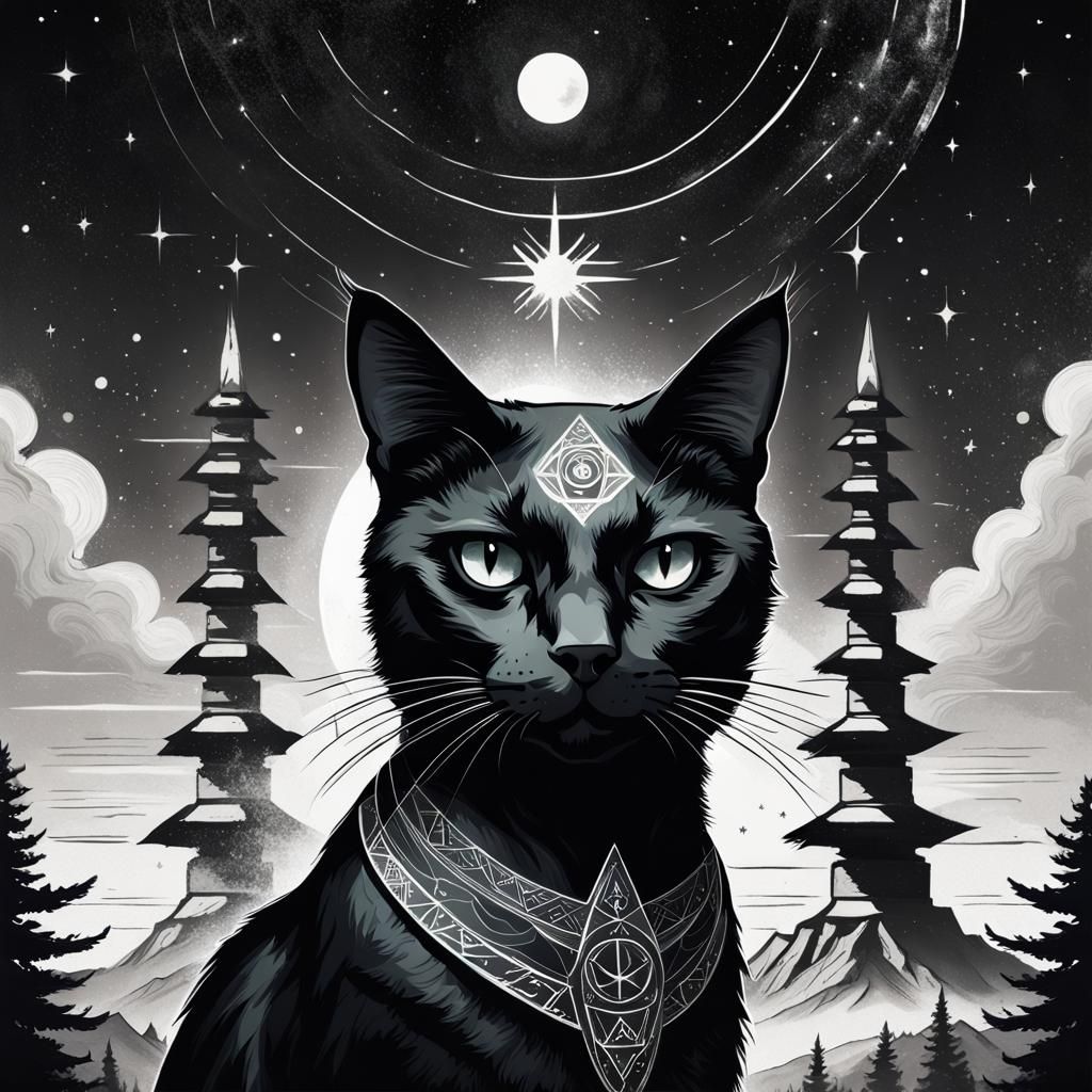 Mystic Black Cat Gazing at Stars in Occult Art