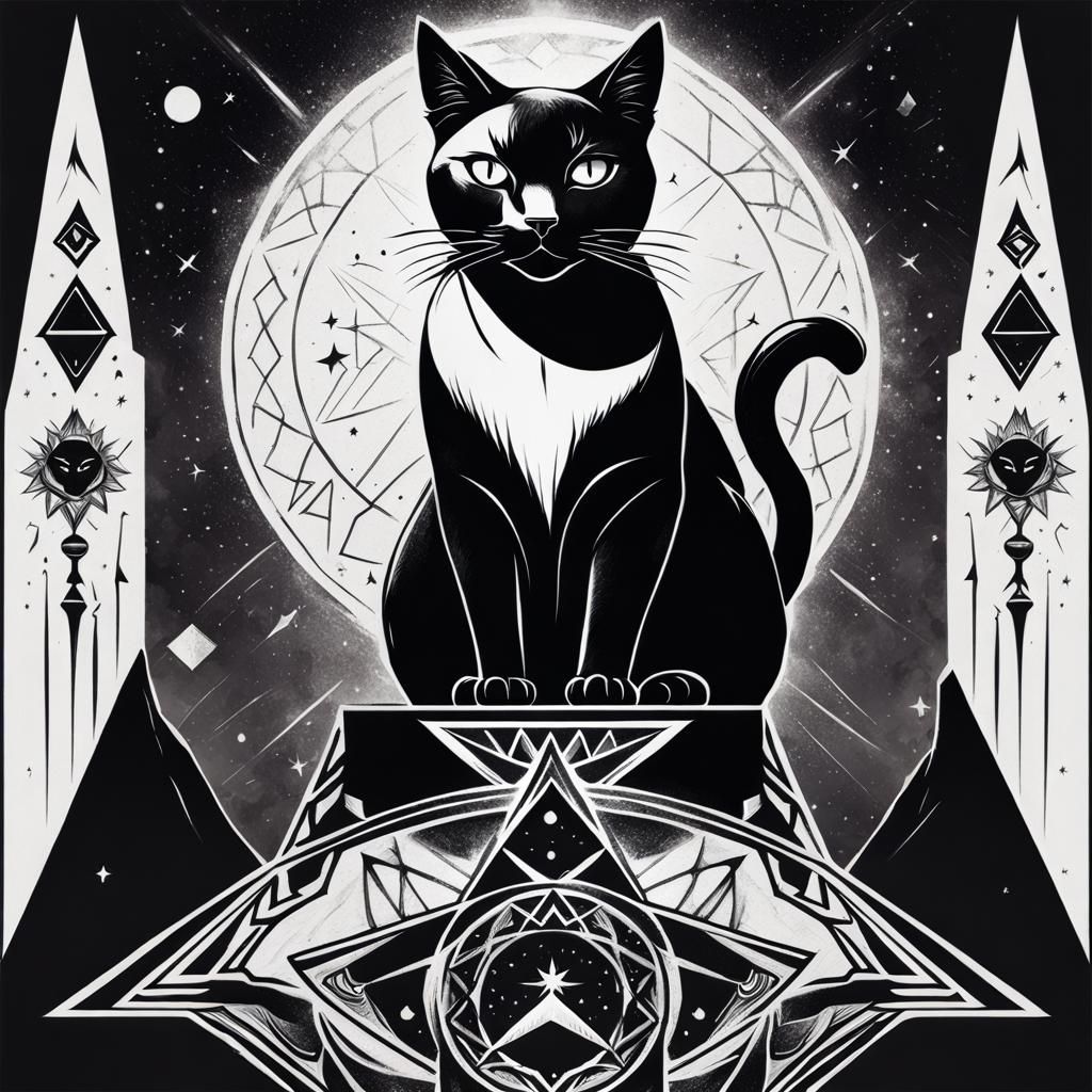 Mystic Black Cat Stargazing in Occult Art