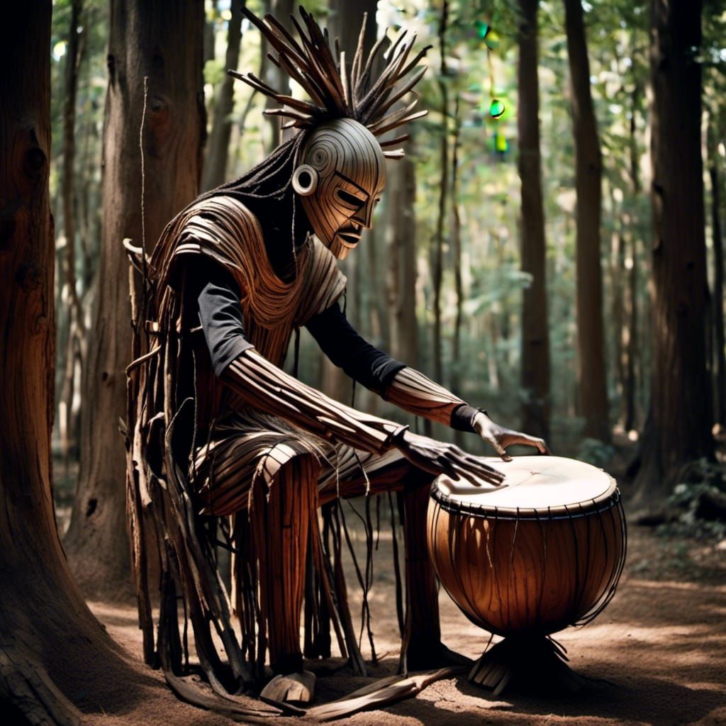 African Drummer in Carved Mask with Dynamic Lighting