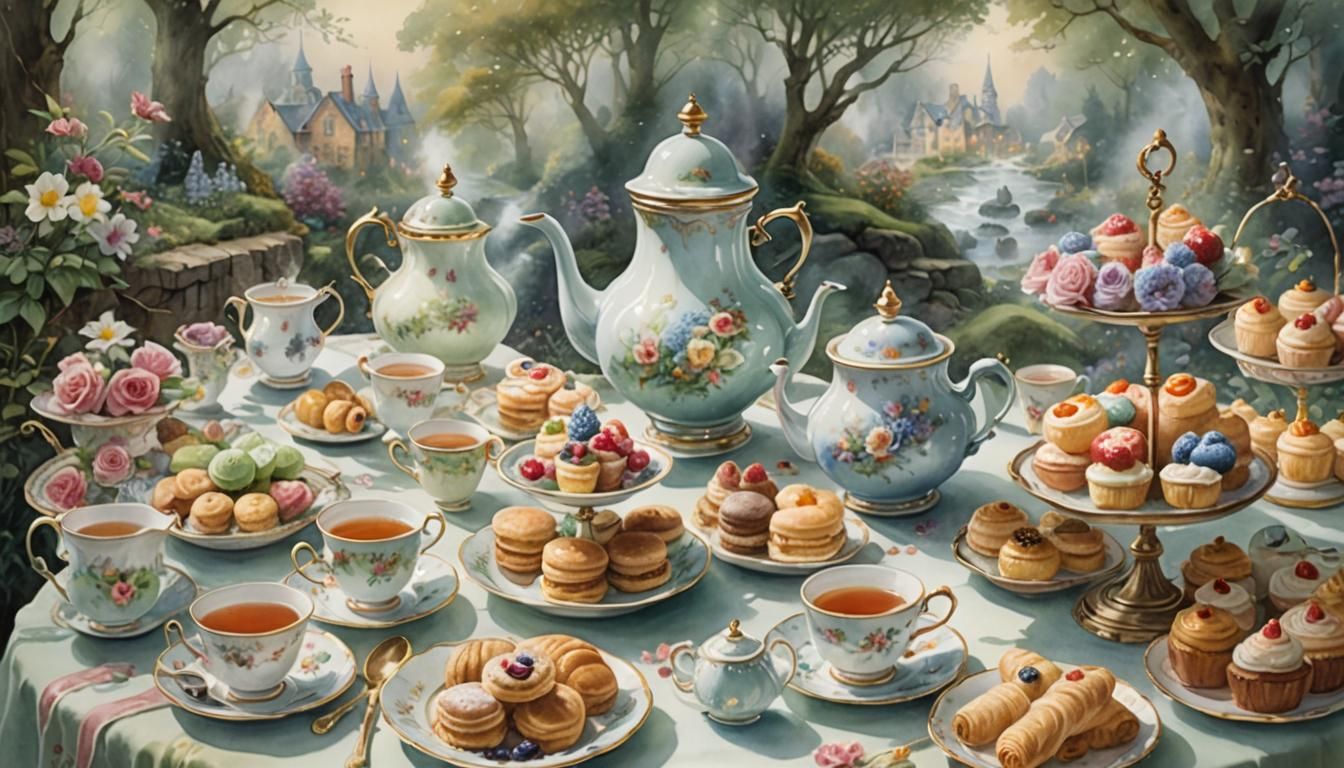 Watercolor Tea Party in Ethereal Fantasy Style