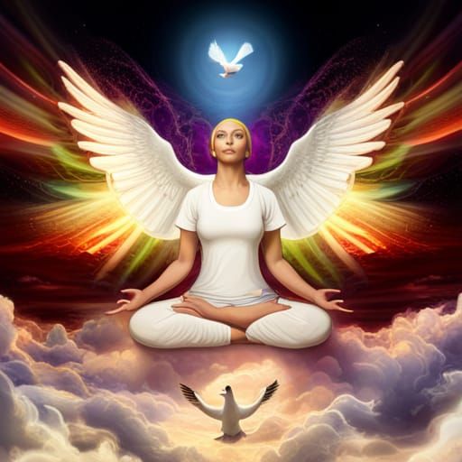 Dove Above Meditating Woman: Hyperrealistic Masterpiece