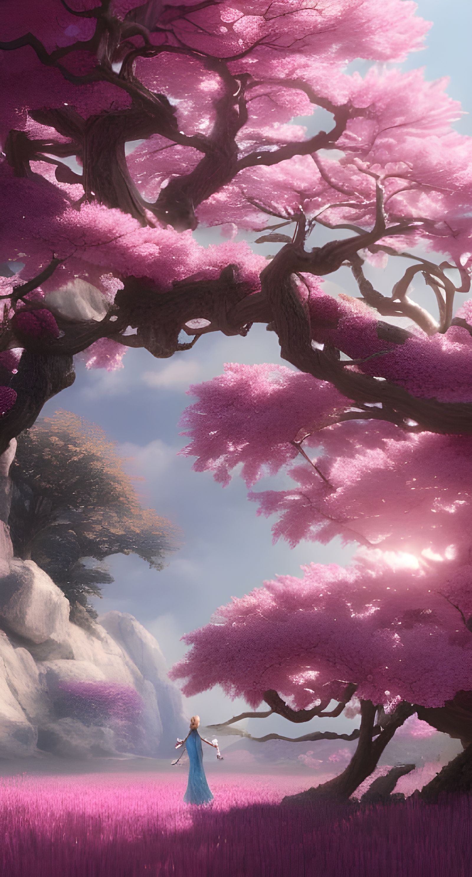 Magical Blossom Tree in Japanese Landscape, Digital Art