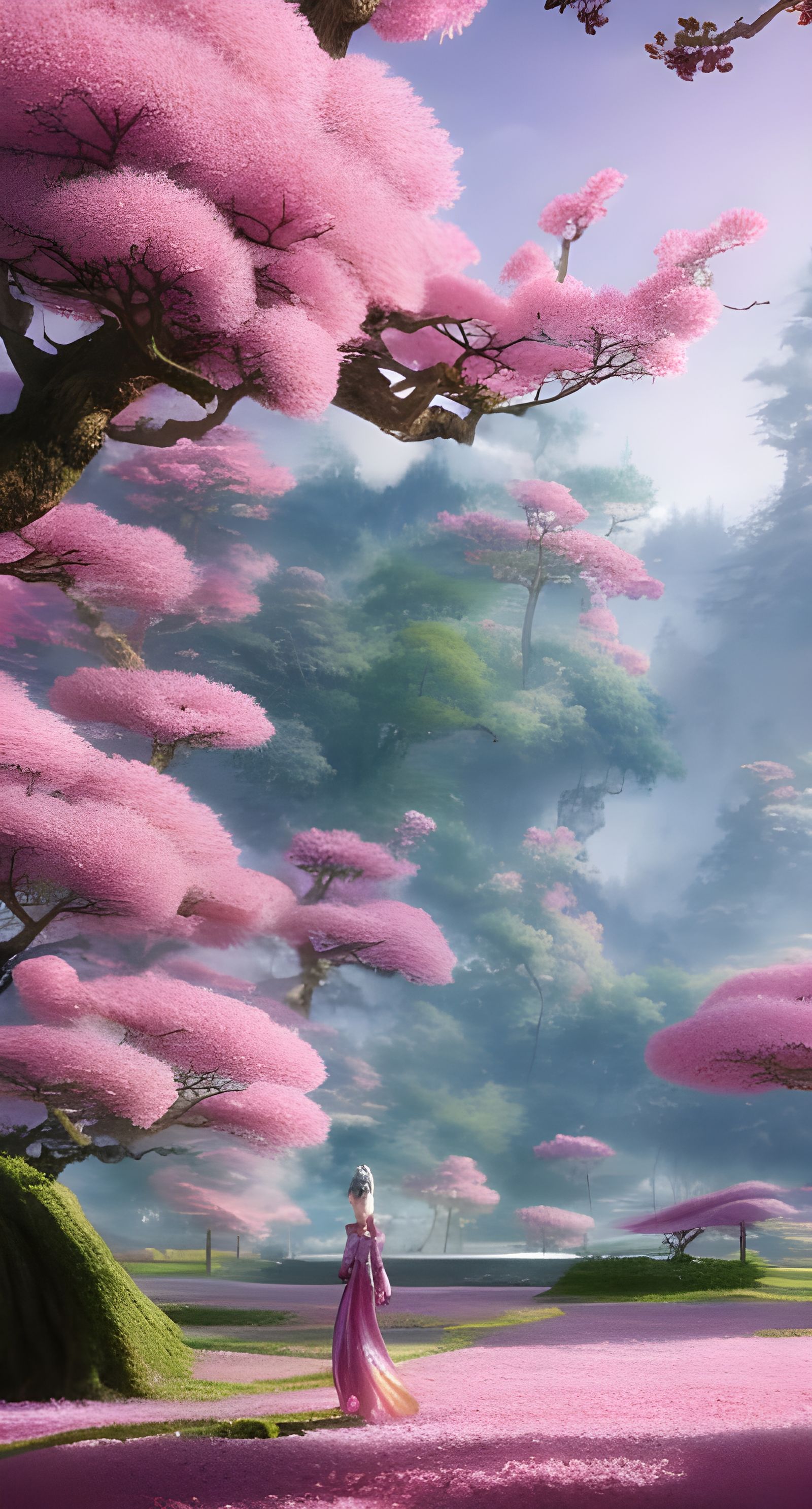 Magical Blossom Tree in Japanese Landscape