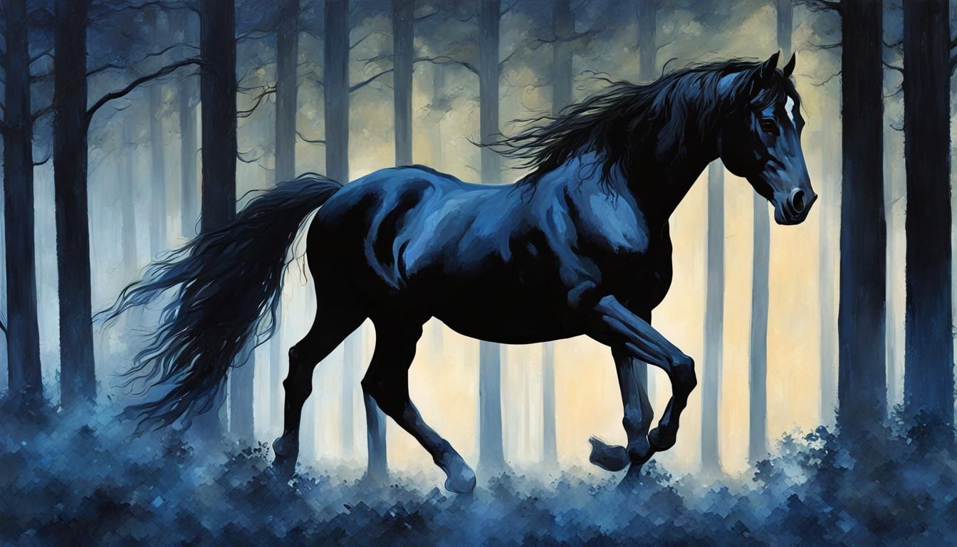 Black Horse in Blue Night Forest, Fantasy Painting