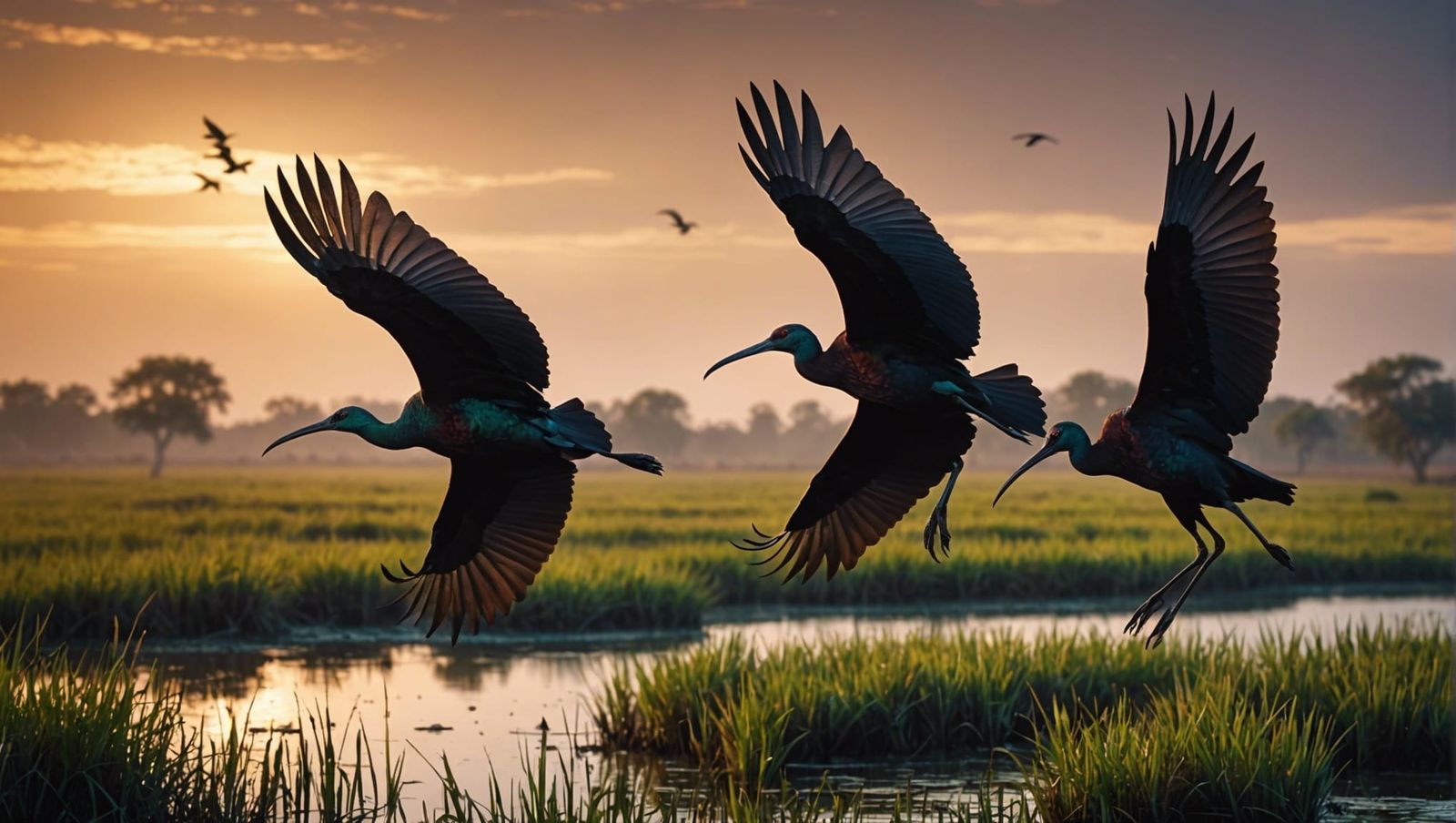 Iridescent Glossy Ibis Trio in Marshland