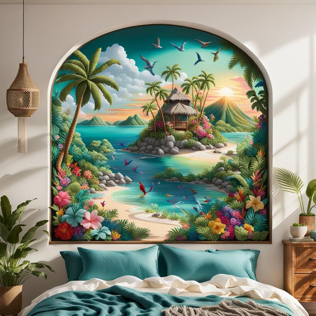 An embroidered spring scene featuring a magical tropical isl...