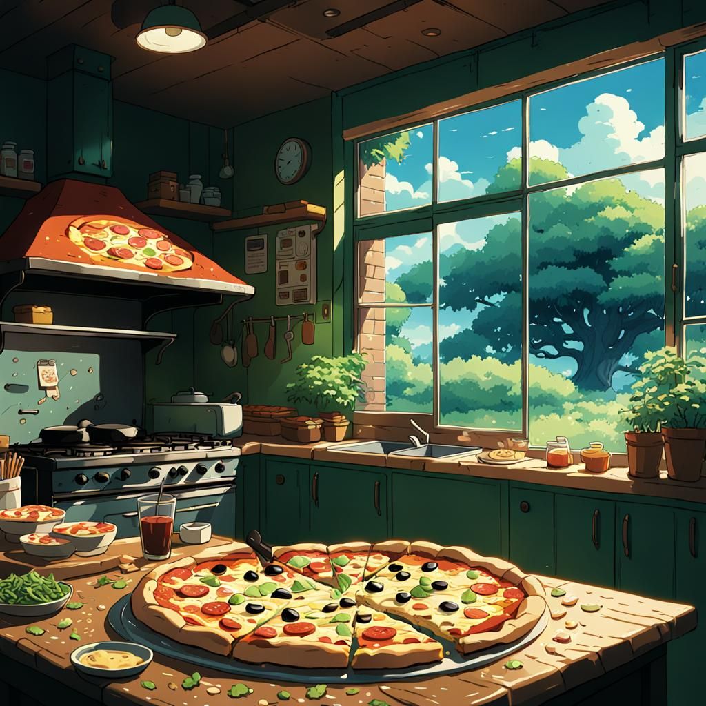 Kawaii Pizza in Studio Ghibli Anime Style