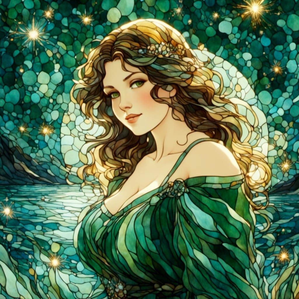 Stained Glass Woman in Snowy Field