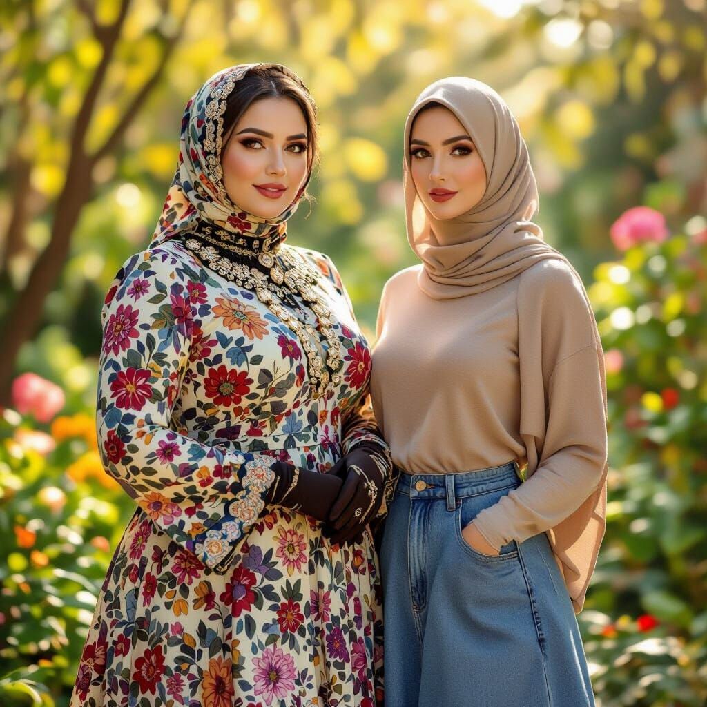 Two Women in a Sunny Botanical Garden