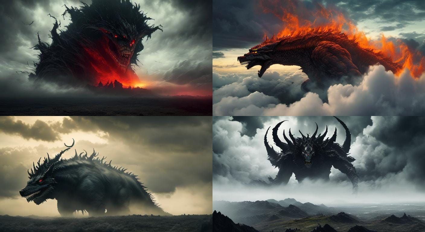 <lora:History Now and Then:1.0> big dark giant monster walki...