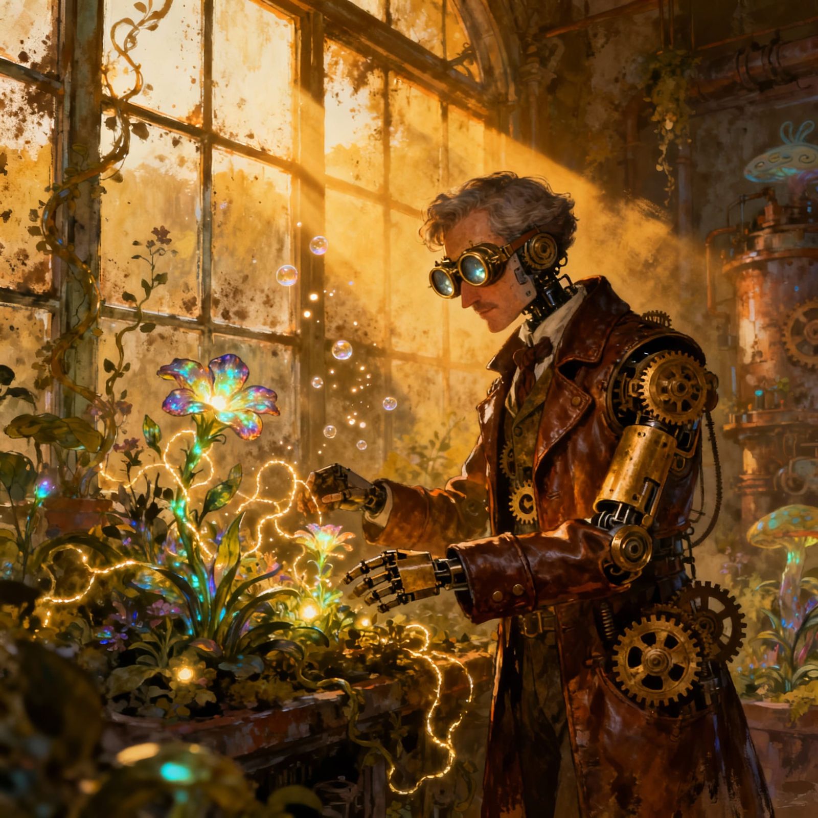 Victorian Automaton Tends Magical Flora in Sunlit Room