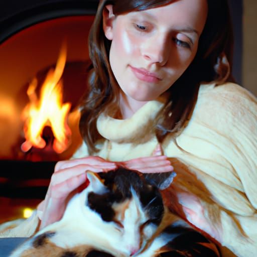 Woman with Sleeping Cat by Fireplace