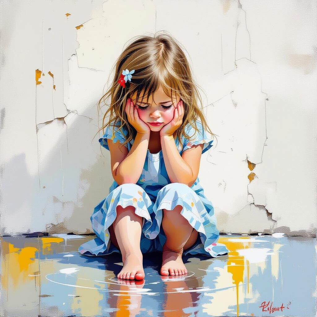 Cracked Painting of a Crying Girl