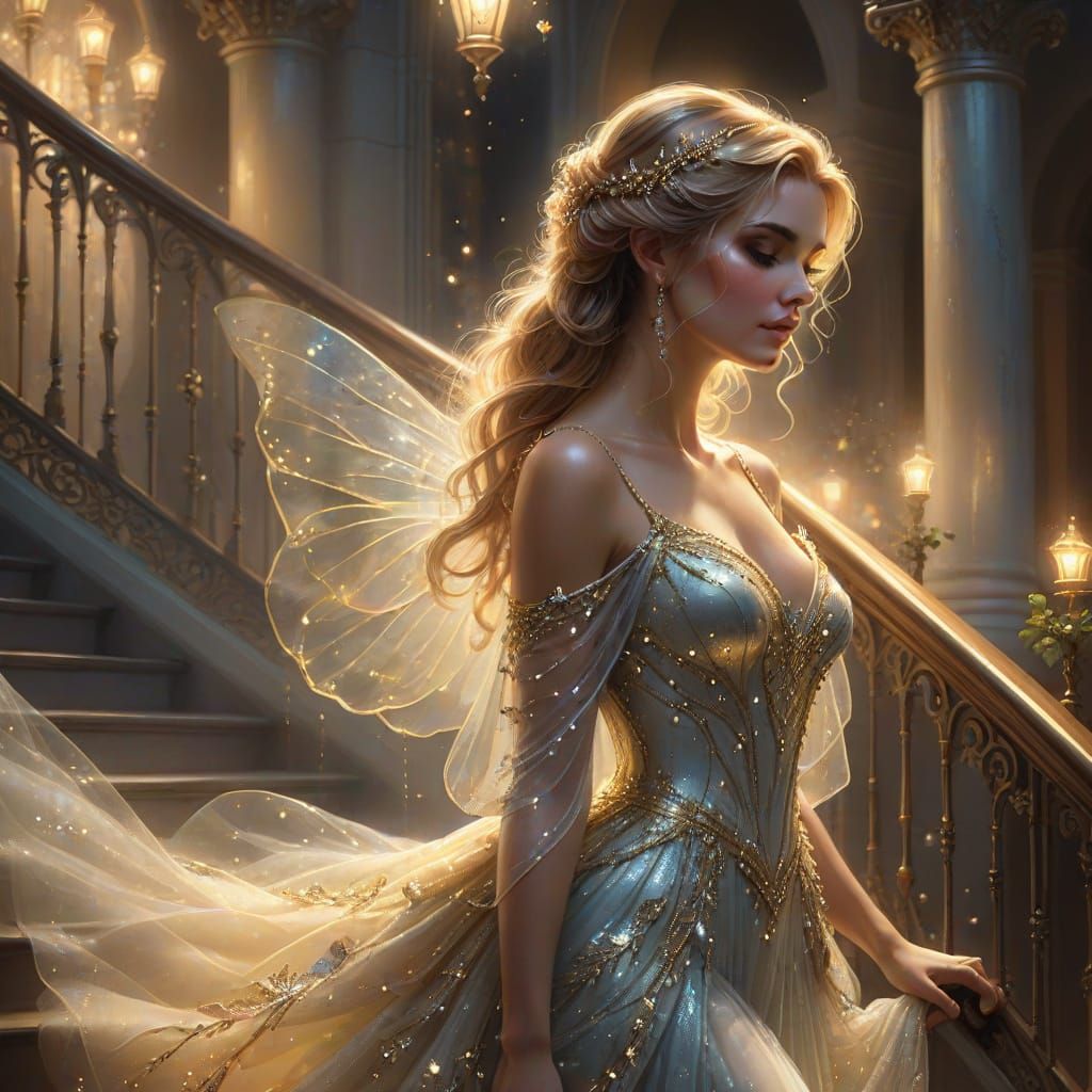 Fairy Descends Staircase in Ethereal Fantasy Art Style