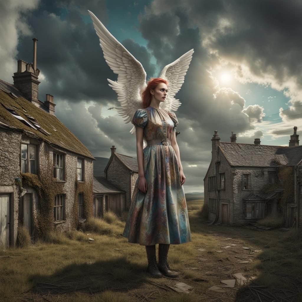 Surreal Floating Perfume Bottle over Dystopian Village