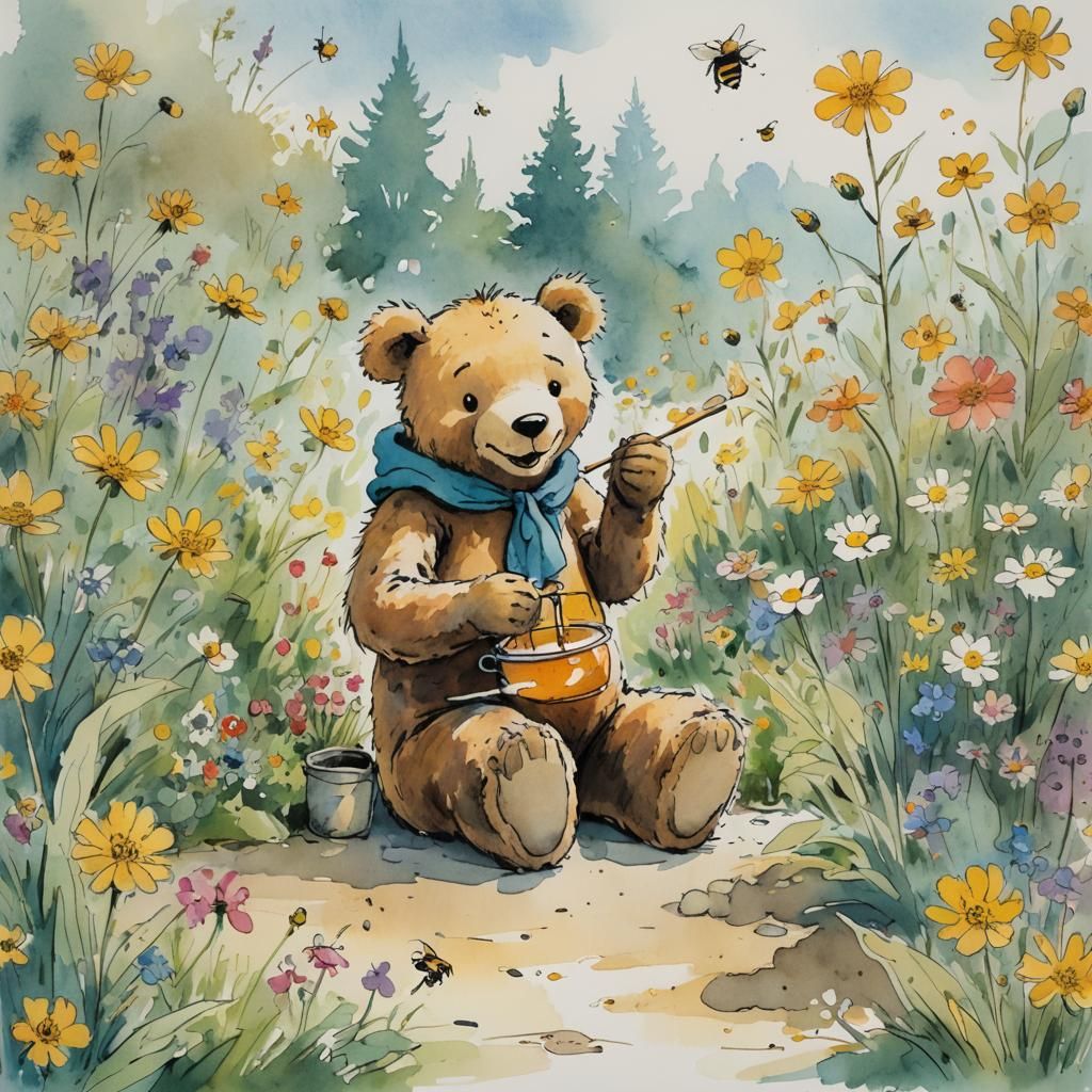 Whimsical Teddy Bear with Honey Pot Illustration