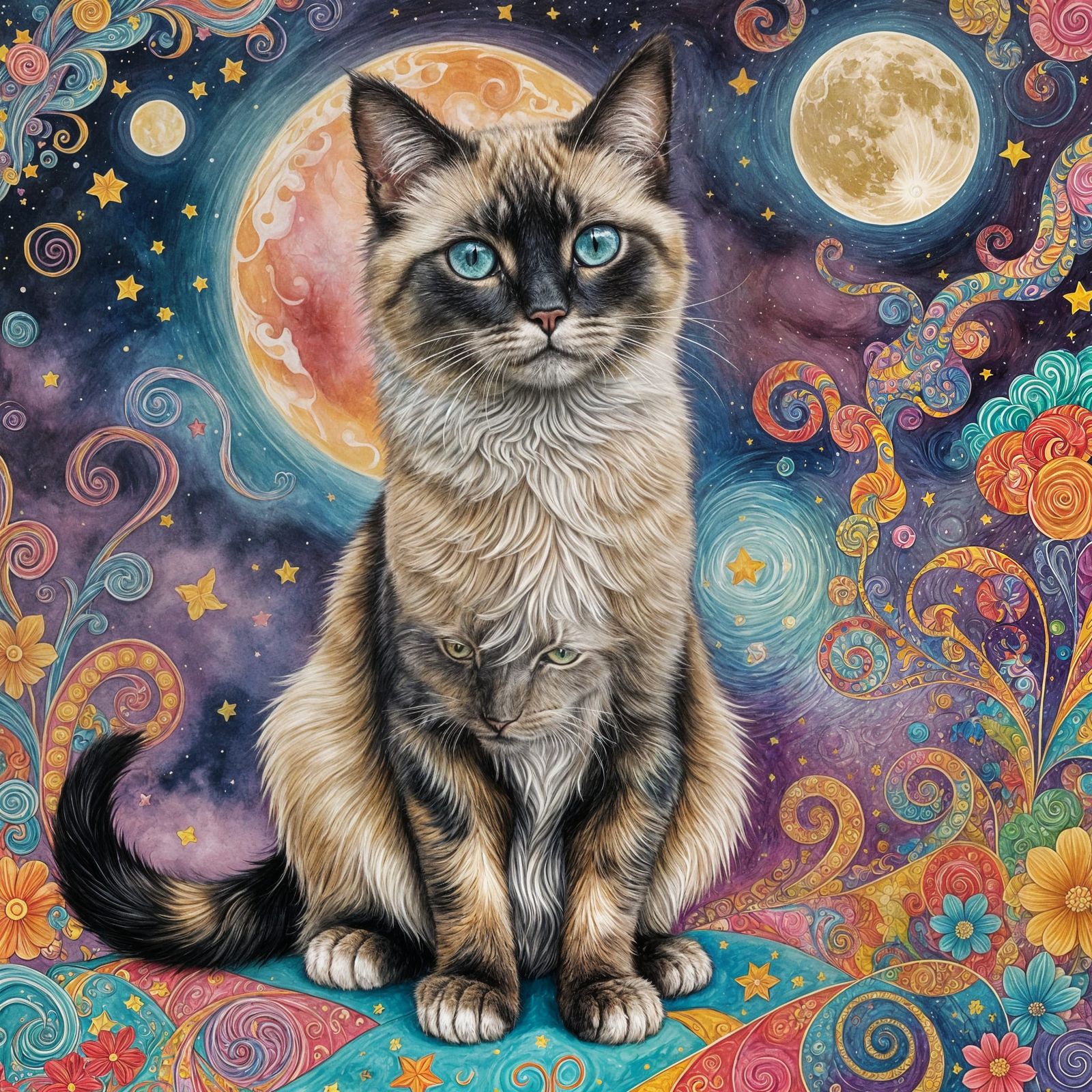 Calico Cat Gazing at the Moon in Gouache