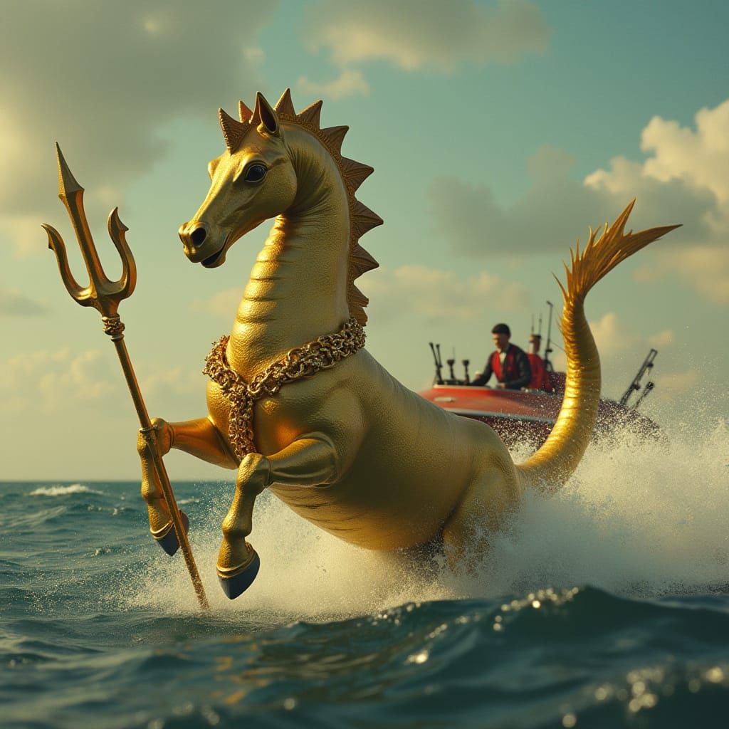 Gilded Seahorse Man Chase: Cinematic Film Still