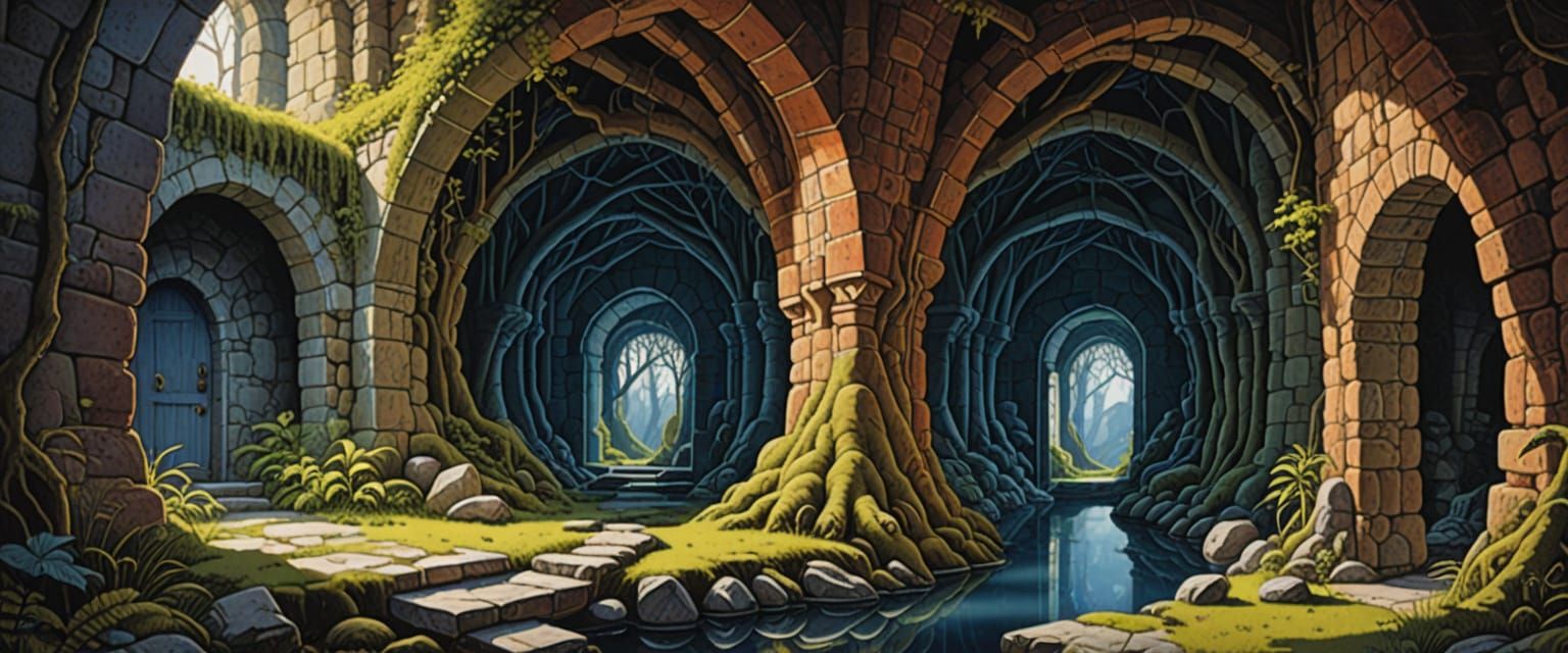 Swamp Passageways with Goblin in Watercolor Style