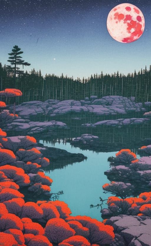 Canadian Shield Wilderness Under Colorful Moon, Watercolor P...