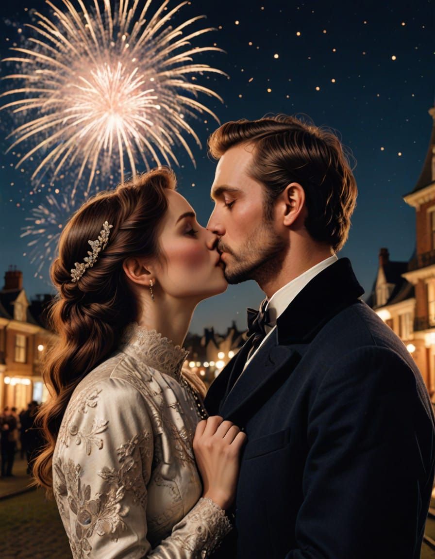 Victorian Couple Enjoys Fireworks on New Years Day in Romant...