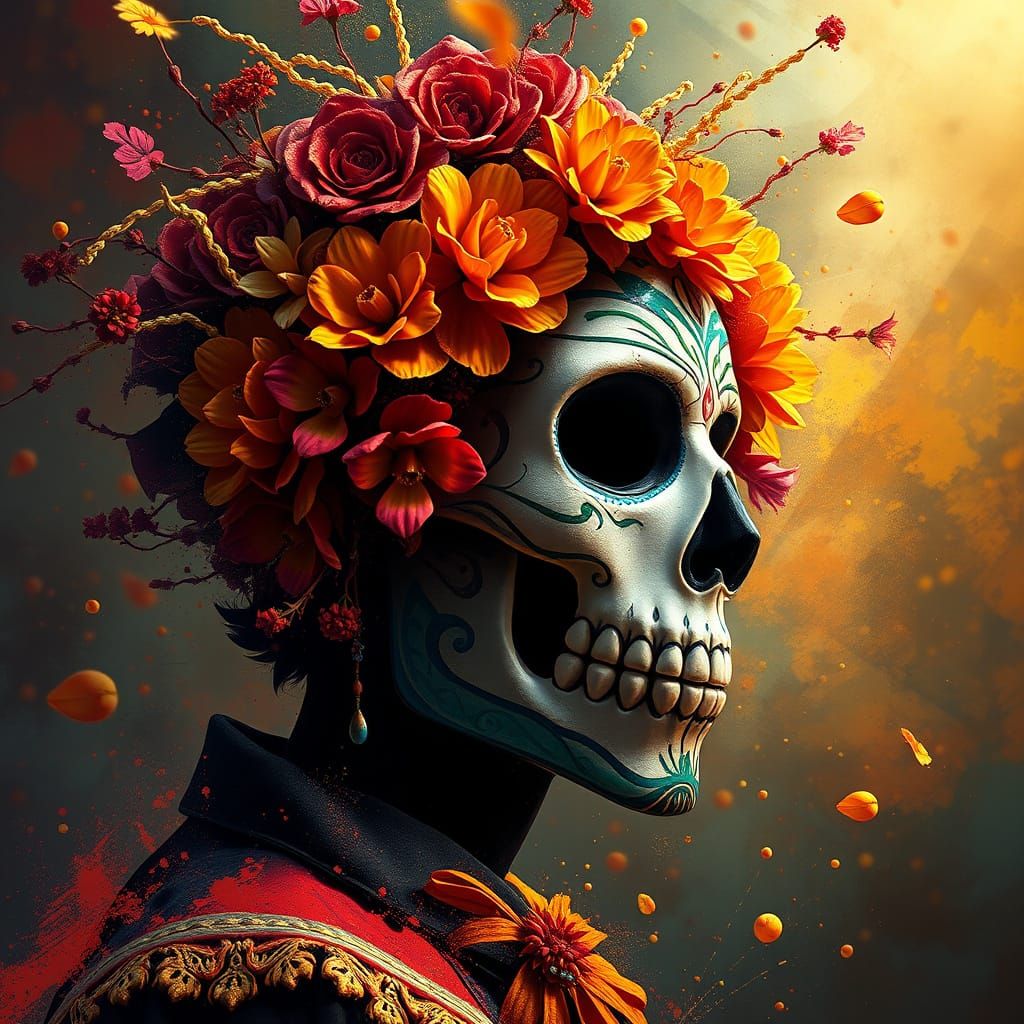 Vibrant Dia de los Muertos Portrait in Hyperrealistic Style