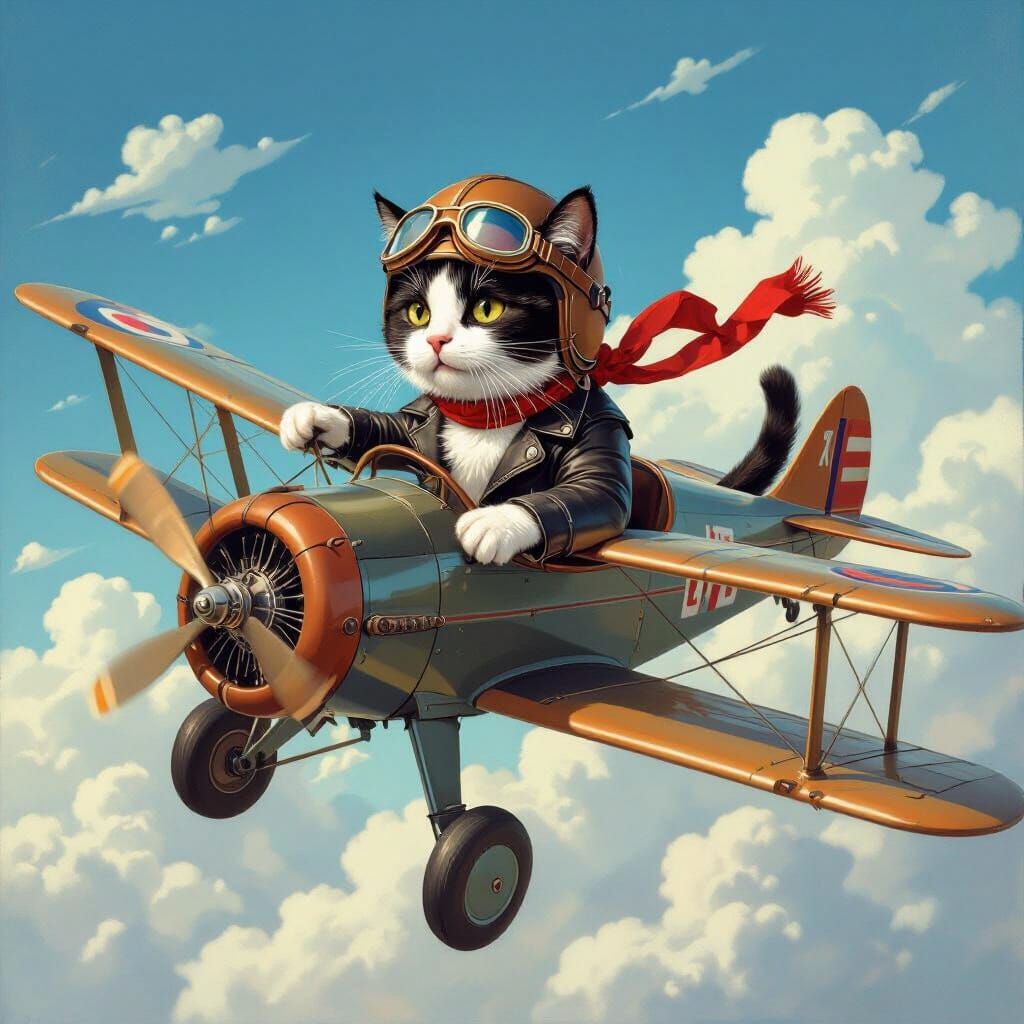 Tuxedo Cat Pilot Soaring in Vintage Biplane