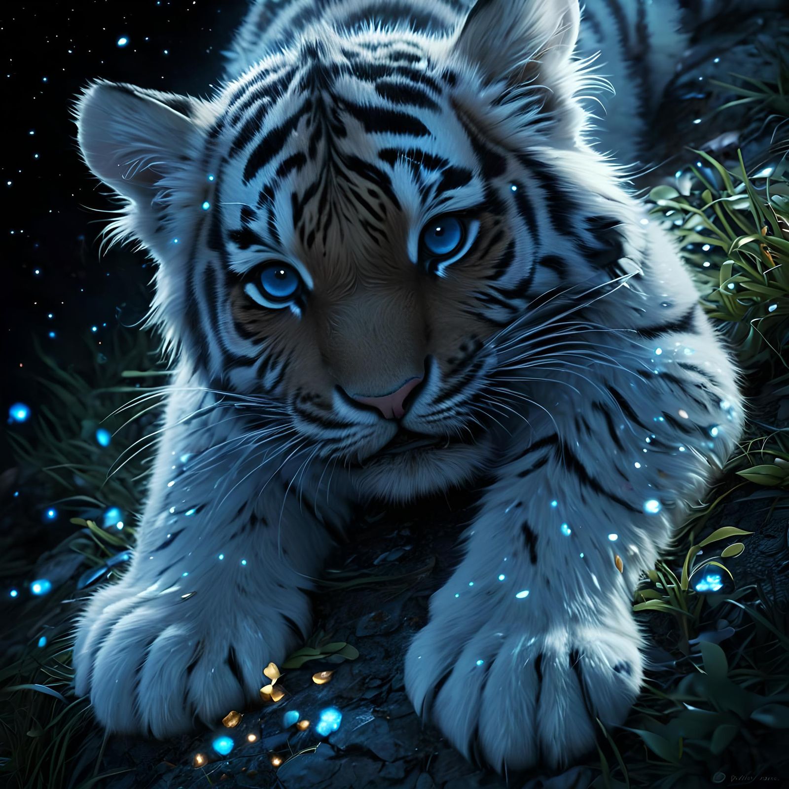 Cute Tiger with Fireflies in Digital Art